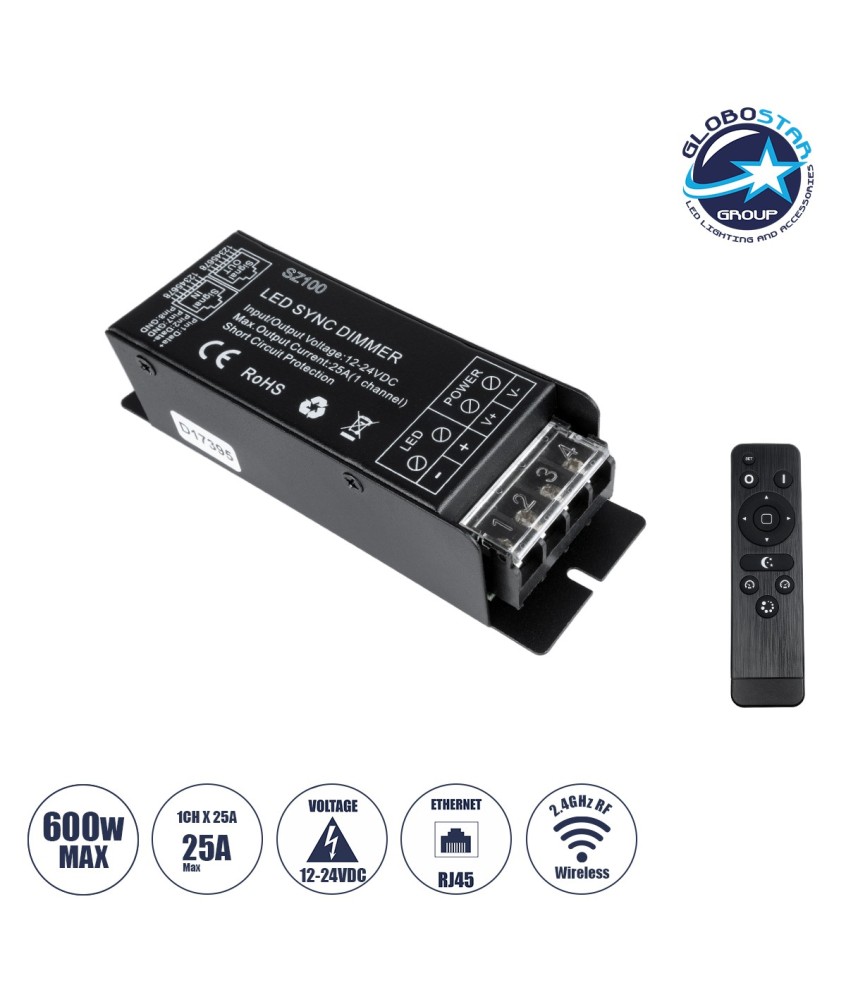 GloboStar® 73311 DC RF 2.4Ghz Controller & Dimmer 1 Κανάλι DC 12-24V 25A MAX 600W IP 20 Μ12.7 x Π4 x Υ3.2cm με Χειριστήριο RF 2.4Ghz SYNC